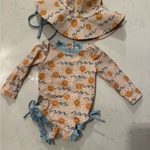 Caden Lane Sun’s Out Long Sleeve Rash Guard with Ruffle Bottom Swimsuit Set